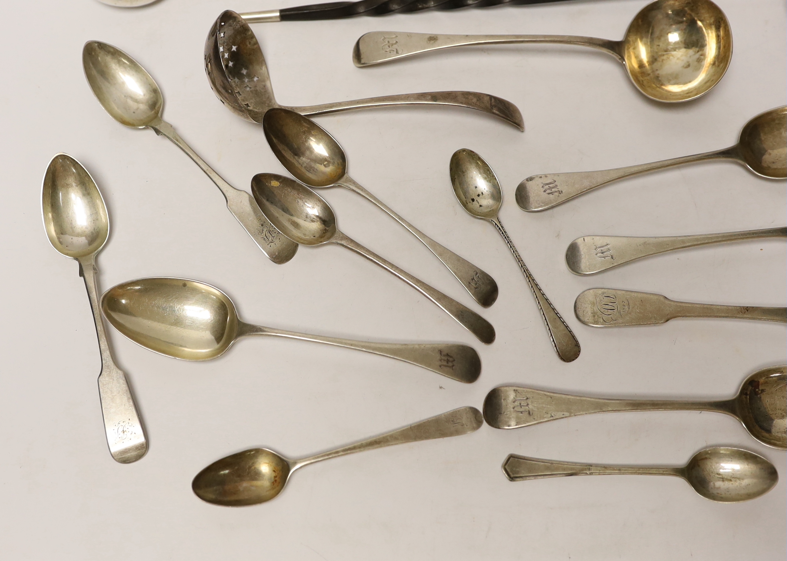 Two 19th century toddy ladles, including Scottish silver and a small quantity of assorted 19th century silver flatware, 15oz.